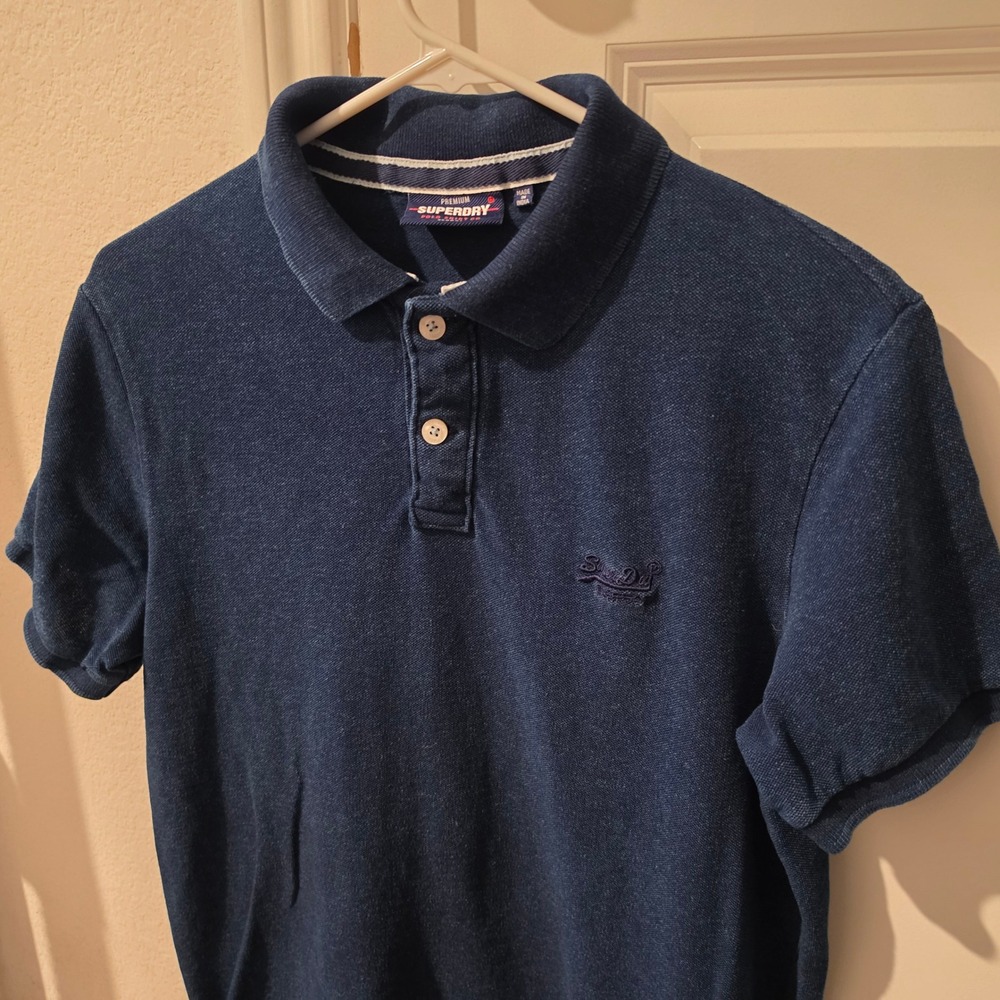 Superdry Premium Polo Shirt Men XL Navy Blue Short Sleeve Embroidered Logo Pique